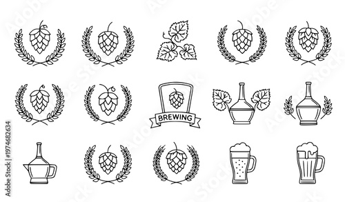 Tableau sur toile Thin line hops and beer brewing symbol icon set with wheat wreath editable strok