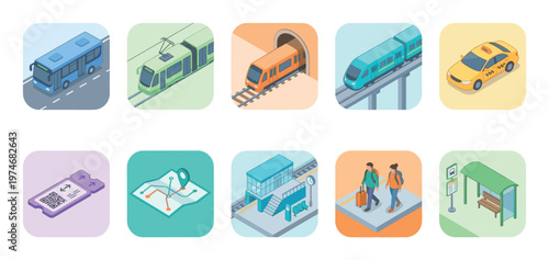 Collection of isometric vector icons representing various urban transportation modes including bus, tram, train, taxi, ticket, map, and bus stop.