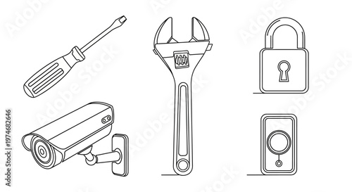 Line art tools and home security icons collection