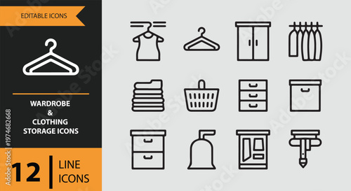 Wardrobe and clothing storage icons in line style on gray background