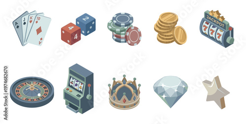 A collection of isometric vector icons representing various casino and gambling elements like cards, dice, chips, coins, roulette, slot machine, crown, diamond, and star on a white background.