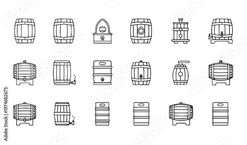 Wooden barrel and beer keg icon vector set in thin line flat and color style brewing symbols