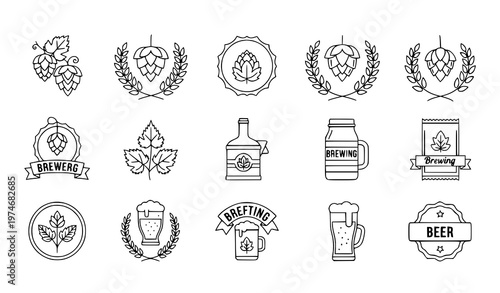 Beer brewing hops icon collection with wheat wreath badges editable stroke vector design