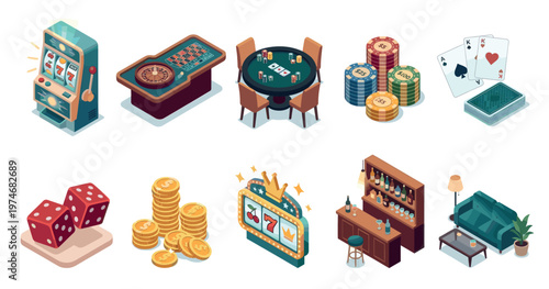 A collection of isometric illustrations showcasing various casino and gambling elements including slot machines, roulette, poker, dice, and a bar area, perfect for gaming and entertainment concepts.