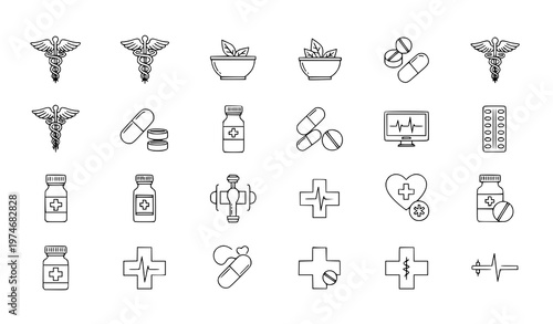 Healthcare and pharmacy outline icon collection with caduceus and herbal medicine symbols vector design