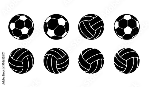 Football and volleyball sport ball silhouette icon set with soccer and volleyball symbols vector illustration