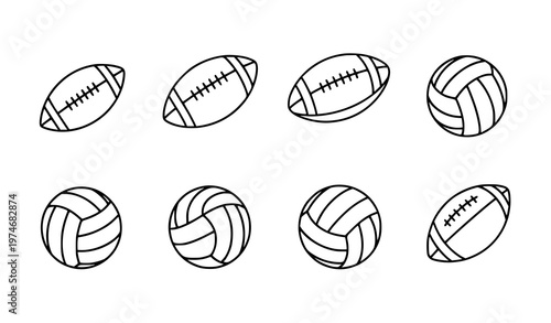 Football and volleyball outline sport ball icons with editable stroke minimalist vector collection