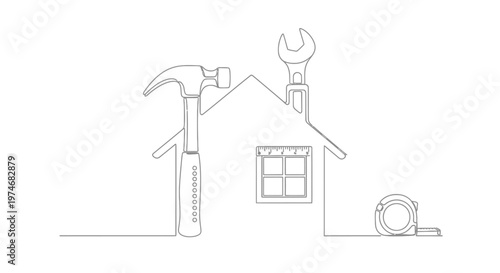 Minimalist continuous line house with hammer, wrench, and tape measure