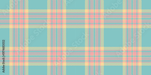Folk fabric texture pattern, summer vector background seamless. Trend textile check plaid tartan in teal and red colors.
