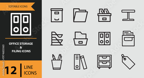 Office storage and filing icons set in line style