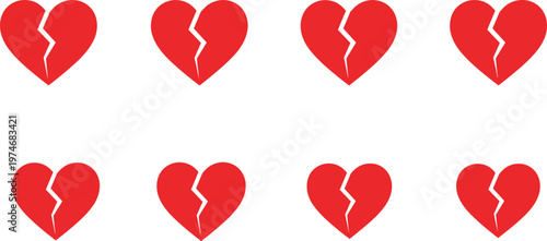 Broken Heart Icon Set Flat Red Love Symbol Collection with Crack Shape Isolated on White Background Relationship Pain Concept Vector Illustration