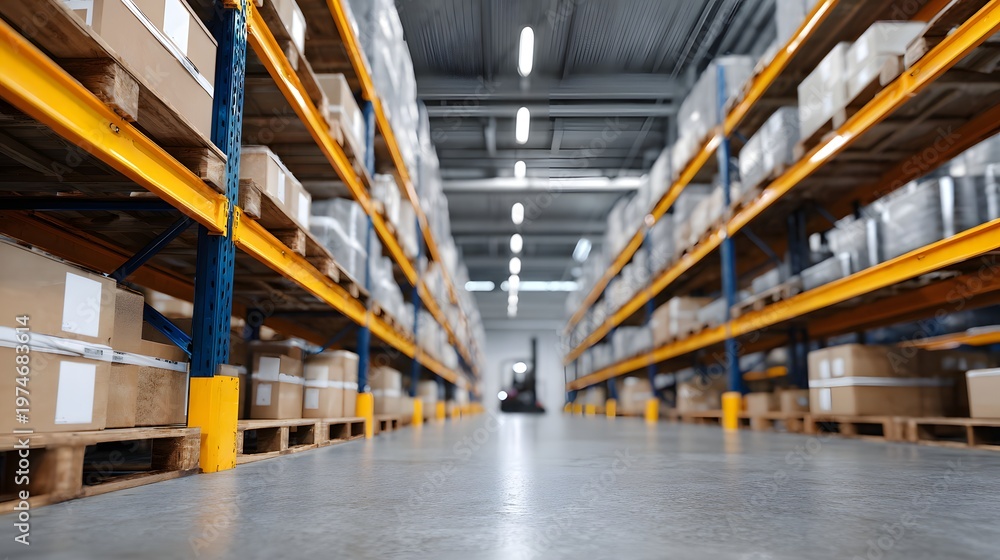 Fototapeta premium Aisle in a warehouse filled with tall pallet racks and stacked boxes on pallets