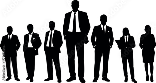 Diverse business team silhouettes in formal attire representing leadership, teamwork, corporate culture, professional success, collaboration, and modern workplace diversity
