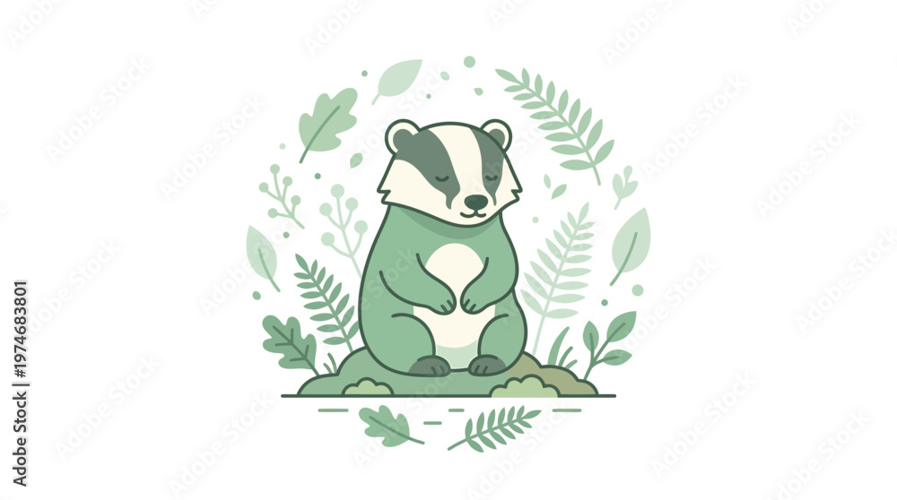 Obraz premium Cute Green Badger Meditating in a Circle of Leaves