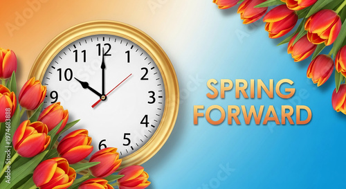 Clock with gold frame and tulips, symbolizing the arrival of spring. Gradient background represents transition. Spring Forward text visible