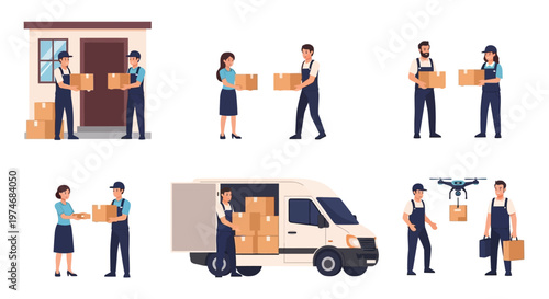 Delivery service workers with boxes, van, and drone, logistics and shipping concept