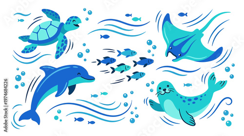 Cute marine animals swimming together: dolphin, sea turtle, seal, manta ray, and fish in blue ocean waves.