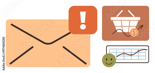 Digital marketing, e-commerce sales, notifications, business growth, analytics, online trends. Image shows an envelope, alert icon shopping cart and growth chart. Digital marketing and e-commerce