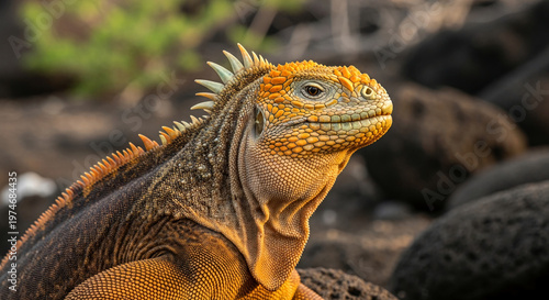 Close-up of an iguana with spiky dorsal crest, yellow skin, and scaly texture, presenting a reptile in its habitat, symbolizing adaptation and wildlife