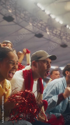 Vertical Screen. Sport Stadium Fans Celebrate a Soccer Championship as a Diverse Crowd Cheers, Waves Red and White Scarves, and Smiles in Close-up During a Major International League Match.