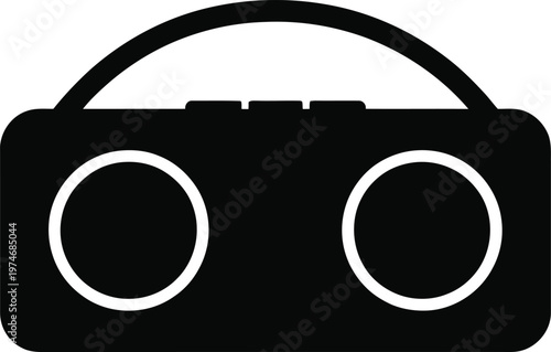 Black icon of a portable radio with speakers and handle on white background music player audio device