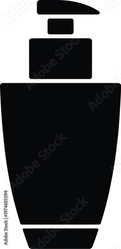 Black pump bottle icon with white outline on white background Keywords: pump bottle, icon, symbol