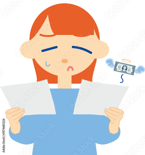 worried woman with document financial problem illustration