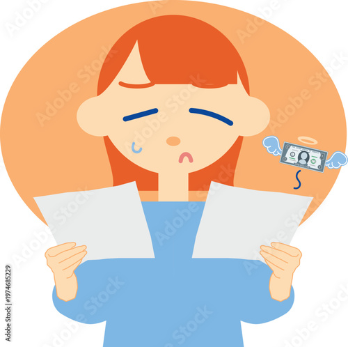 worried woman with document financial problem with background illustration