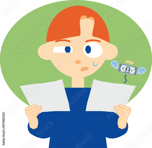 worried man with document financial problem with background illustration