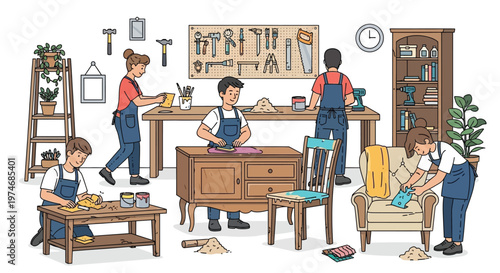 People working together in a woodworking workshop.