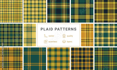 Seasonal plaid collection adapted for modern design. Traditional tartan meets contemporary workflows. Seamless vectors ensure usability.
