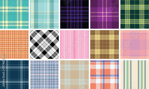 Plaid pattern set for textile manufacturing and creative design studios. Seamless vectors suit fashion, upholstery, curtains, and digital presentation.