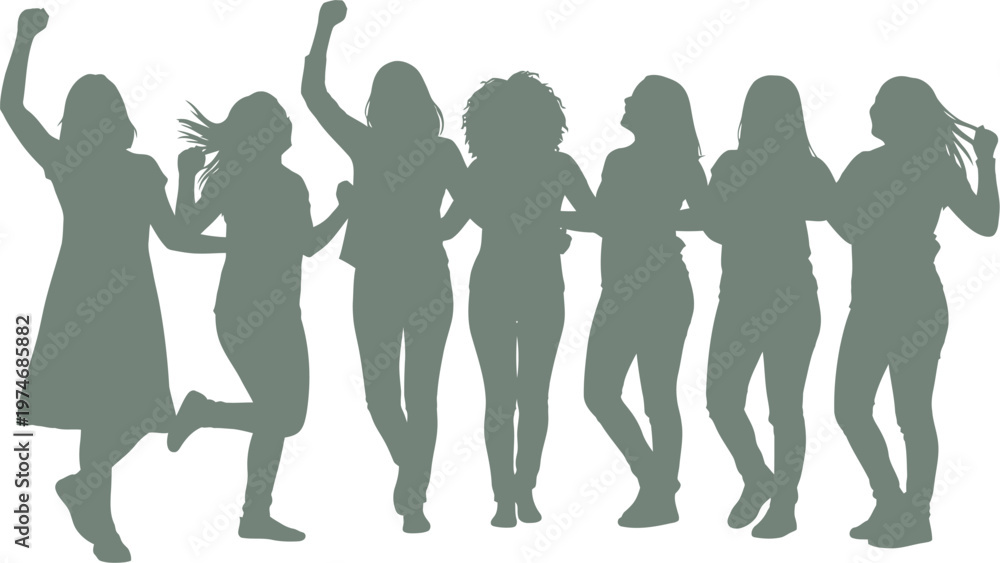 Fototapeta premium Silhouettes of happy women jumping and celebrating together