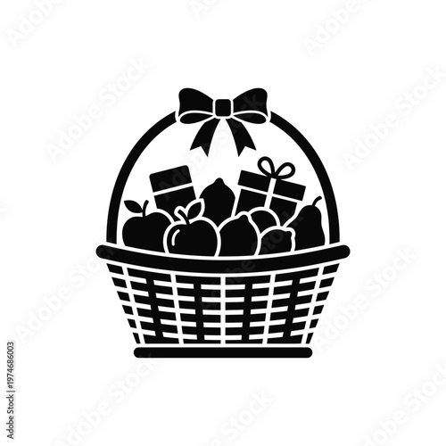 Black silhouette of gift basket with bow and gifts inside