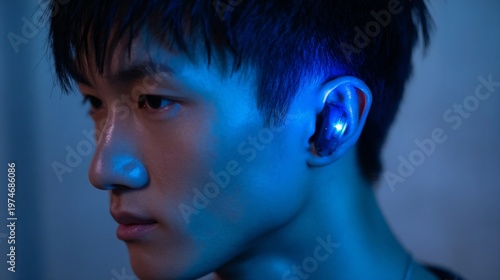 Asian man wearing glowing wireless earbud in ear. Technology for listening to music and audio. Future lifestyle with digital gadget. Electronic accessory for communication and sound.