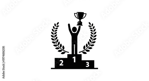 Champion on Podium with Trophy and Laurel Wreath Icon