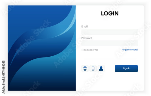 Modern Blue Split Screen Login UI with Abstract Wave Background – Clean Dashboard Interface