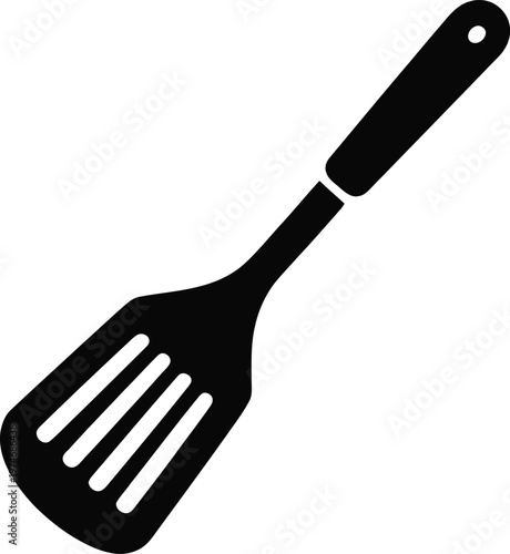 Black silhouette of a slotted spatula on a white background kitchen utensil cooking tool