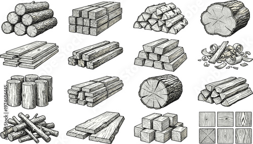 Wood illustration collection featuring logs, planks, beams, chopped firewood, shavings, grain textures, vector design black and white