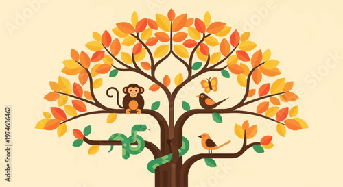 A beautiful flat design illustration of a 'Tree of Life', symbolizing biodiversity with diverse animals nestled within its colorful branches.