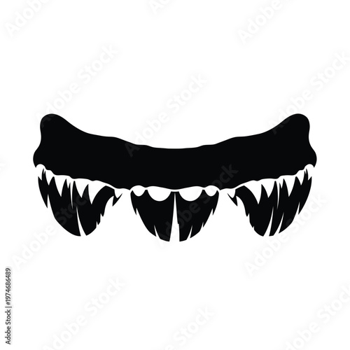 Black and white jagged teeth with sharp fangs in open mouth shape