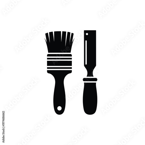 Black silhouettes of a paintbrush and putty knife against a white background