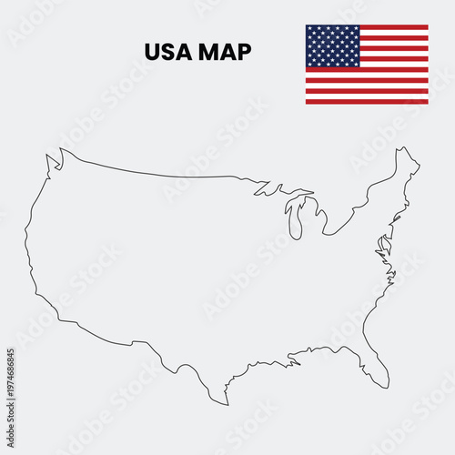 A simple line drawing of the United States of America with the American flag