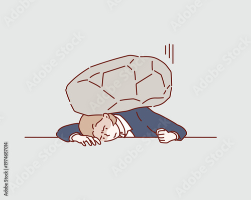 Exhausted Young Woman Overwhelmed by Heavy Stone on Desk Representing Stress and Pressure Original vector illustration drawn by hand.