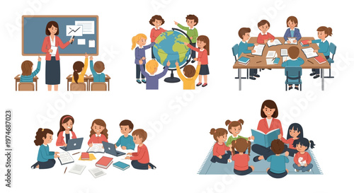 Diverse classroom scenes: teaching, group work, reading, and global learning.