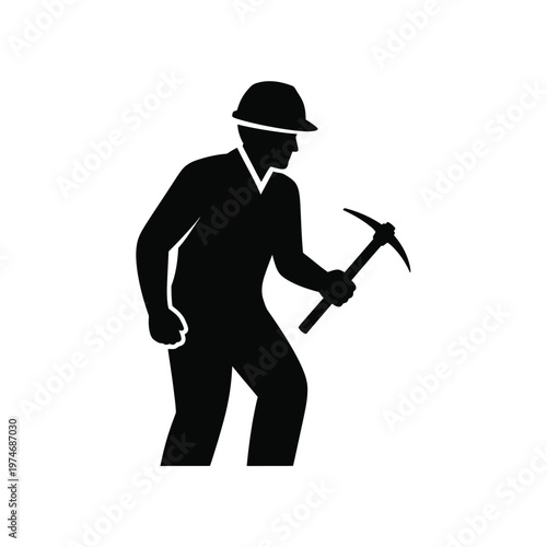Black silhouette of worker in hard hat holding pickaxe