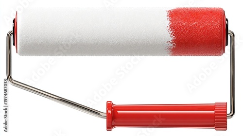 Red and white paint roller with metal handle