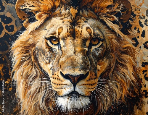 A close-up of a lion's face with a leopard-print background