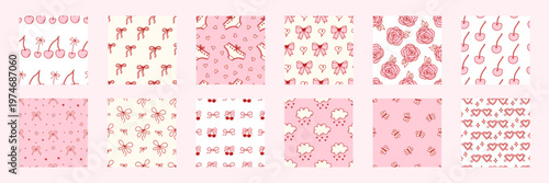 Cute cherry pattern set with pink bows and hearts. Seamless girly print for Valentines Day fabric, gift wrap, or romantic spring textile design with adorable fruit motifs. Vector illustration