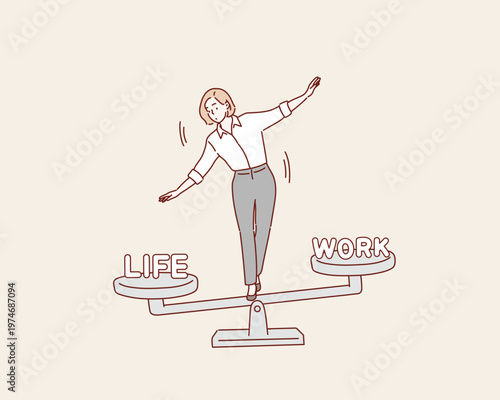 Young Businesswoman Trying to Balance Work and Life on Scales with Open Arms Original vector illustration drawn by hand.